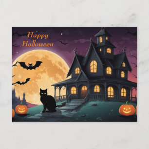 Cartes Pour Fêtes Annuelles Happy Halloween Chat noir et Maison hantée