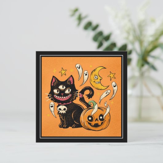 Cartes Pour Fêtes Annuelles Happy Halloween Éffrayant Chat noir et Citrouille (Debout devant)