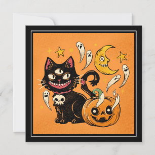 Cartes Pour Fêtes Annuelles Happy Halloween Éffrayant Chat noir et Citrouille