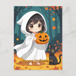 Cartes Pour Fêtes Annuelles Happy Halloween petite fille Fantôme et chat noir