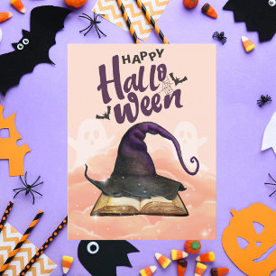 Cartes Pour Fêtes Annuelles Happy Halloween Watercolor Casquette et Spellbook