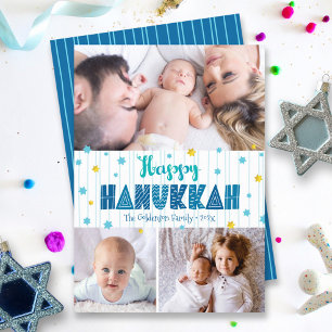 Cartes Pour Fêtes Annuelles Happy Hanoukka 3 Photo Modern Typographie Gold Sta