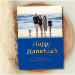 Cartes Pour Fêtes Annuelles Happy Hanoukka Blue Gold Foil Photo<br><div class="desc">Papier bleu et or Happy Hanoukka Holiday card. Ajoutez votre photo de famille pour la personnaliser.</div>