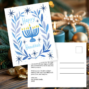 Cartes Pour Fêtes Annuelles Happy Hanoukka Botanical Menorah Aquarelle PERSONN