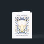 Cartes Pour Fêtes Annuelles Happy Hanoukka Festive Watercolor Menorah Photo<br><div class="desc">Heureux Hanoukka ! Envoyez vos voeux Hanoukka à votre famille et à vos amis avec ce carte photo plié élégant. Il est doté d'aquarelle Menorah et d'élégantes feuilles de couronnes dans une palette sophistiquée d'or, bleu clair et bleu marine. Customisez la carte avec votre message préféré et deux lignes de...</div>