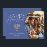 Cartes Pour Fêtes Annuelles Happy Hanoukka or bleu script menorah photo<br><div class="desc">Happy Hanoukka moderne or bleu script menorah photo</div>