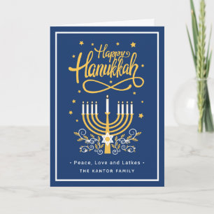 Cartes Pour Fêtes Annuelles Happy Hanoukka Peace Love Latkes Moderne Bleu