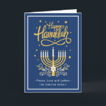 Cartes Pour Fêtes Annuelles Happy Hanoukka Peace Love Latkes Moderne Bleu<br><div class="desc">Envoyez vos souhaits avec cette Carte de Vacances qui comporte un script et un symbole d'Hanoukka merveilleux et étonnant pour mettre en évidence votre message de voeux.</div>