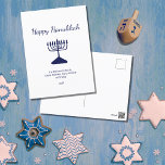 Cartes Pour Fêtes Annuelles Happy Hanoukka Simple Blue Menorah<br><div class="desc">Carte postale Happy Hanoukka Holiday,  avec une simple menorah bleue et un design typographique. Avec des lettres personnalisables bleues,  vous pouvez ajouter vos propres informations. Une façon festive d'envoyer des voeux de bonheur à des amis et à des proches.</div>