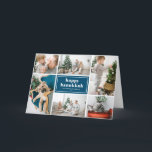 Cartes Pour Fêtes Annuelles Happy Hanoukka Typographie Photo Collage Bleu<br><div class="desc">Heureux Hanoukka ! Envoyez vos souhaits de vacances et vos salutations avec ce carte photo de vacances moderne et élégant. Il présente une typographie rétro audacieuse avec un motif à rayures bleues en diagonale. Personnalisez en ajoutant vos photos, salutation, noms et autres détails préférés. Les textes sont entièrement modifiables. Disponible...</div>