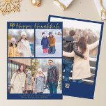 Cartes Pour Fêtes Annuelles Happy Hanukkah Family 3 Photo Collage Modern Blue<br><div class="desc">Modern customizable Jewish family photo collage Hanukkah card with a collection of winter photos. Add 3 of your favorite Chanukah memories on this modern three photograph layout below a menorah and gold cursive script. Happy Hanukkah.</div>