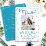 Cartes Pour Fêtes Annuelles Happy Hanukkah Photo Hand Drawn Doodles Your Note<br><div class="desc">“Happy Hanukkah.” It's that time to touch base with your family and friends to celebrate Hanukkah and usher in the festival of lights. Fun, whimsical navy blue handwritten script typography and turquoise teal blue hand drawn Hanukkah icon doodles, along with the photo of your choice, overlay a white background. Your...</div>