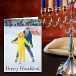 Cartes Pour Fêtes Annuelles Happy Hanukkah Photo Modern Blue Script Folded<br><div class="desc">Modern customizable Jewish full photo vertical Hanukkah card with a winter photograph of your child or family with blue script overlay. Add another favorite Chanukah picture inside and customize your own Happy Hanukkah message of love and light inside.</div>