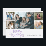 Cartes Pour Fêtes Annuelles Happy Holidays 5 photo collage moderne<br><div class="desc">Simple minimaliste typographie violette 5 photos personnalisées,  nom de famille et texte personnalisées carte de vacances de Noël élégante.</div>
