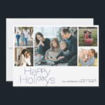 Cartes Pour Fêtes Annuelles Happy Holidays 5 photo collage moderne<br><div class="desc">Simple minimaliste typographie bleue 5 photos personnalisées,  nom de famille et texte personnalisées carte de vacances de Noël élégante.</div>