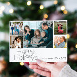 Cartes Pour Fêtes Annuelles Happy Holidays 5 photo collage moderne<br><div class="desc">Simple typographie minimaliste 5 photos personnalisées,  nom de famille et texte personnalisées carte de vacances de Noël élégante.</div>