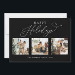 Cartes Pour Fêtes Annuelles Happy Holidays Black Multi Photo Collage<br><div class="desc">Créez de beaux souvenirs cette saison de vacances avec cette carte de vacances multi-photo collage. Cette carte présente un script minimaliste moderne avec vos photos préférées sur le devant et une sur le dos. Personnalisez cette carte entièrement personnalisable avec votre salutation,  message,  nom de famille et année.</div>