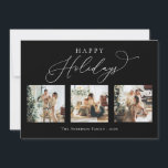 Cartes Pour Fêtes Annuelles Happy Holidays Black Multi Photo Collage<br><div class="desc">Créez de beaux souvenirs cette saison de vacances avec cette carte de vacances multi-photo collage. Cette carte présente un script minimaliste moderne avec vos photos préférées sur le devant et une sur le dos. Personnalisez cette carte entièrement personnalisable avec votre salutation,  message,  nom de famille et année.</div>