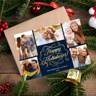Cartes Pour Fêtes Annuelles Happy Holidays Blue & Gold 5 Photo Collage Card