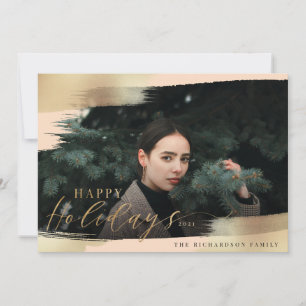 Cartes Pour Fêtes Annuelles Happy Holidays Blush Rose & Gold Foil Brush Photo