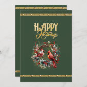 Cartes Pour Fêtes Annuelles Happy Holidays: Cardinal Wreath with Elegant Gold (Devant / Derrière)