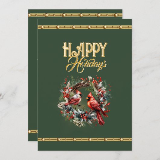 Cartes Pour Fêtes Annuelles Happy Holidays: Cardinal Wreath with Elegant Gold (Devant / Derrière)