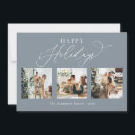 Cartes Pour Fêtes Annuelles Happy Holidays Dusty Blue Multi Photo Collage<br><div class="desc">Créez de beaux souvenirs cette saison de vacances avec cette carte de vacances multi-photo collage. Cette carte présente un script minimaliste moderne avec vos photos préférées sur le devant et une sur le dos. Personnalisez cette carte entièrement personnalisable avec votre salutation,  message,  nom de famille et année.</div>