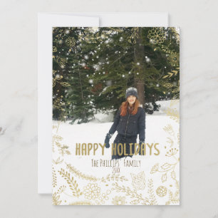 Cartes Pour Fêtes Annuelles Happy Holidays Gold Floral Feuille Rustic Photo