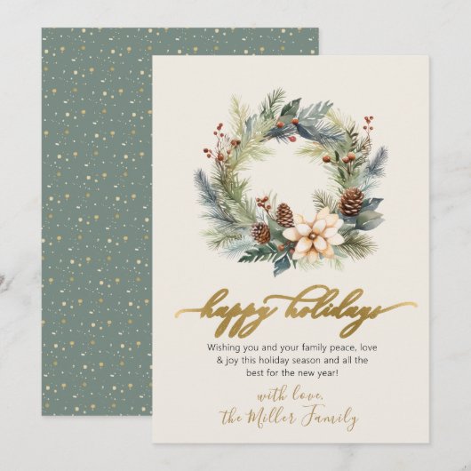 Cartes Pour Fêtes Annuelles Happy Holidays Gold Script Wreath Green Card (Devant / Derrière)
