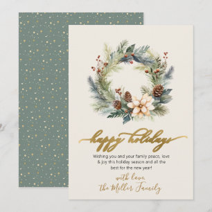 Cartes Pour Fêtes Annuelles Happy Holidays Gold Script Wreath Green Card