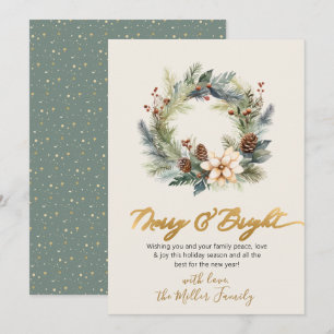 Cartes Pour Fêtes Annuelles Happy Holidays Gold Script Wreath Green Card