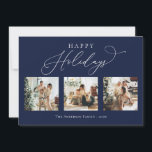 Cartes Pour Fêtes Annuelles Happy Holidays Navy Blue Multi Photo Collage<br><div class="desc">Créez de beaux souvenirs cette saison de vacances avec cette carte de vacances multi-photo collage. Cette carte présente un script minimaliste moderne avec vos photos préférées sur le devant et une sur le dos. Personnalisez cette carte entièrement personnalisable avec votre salutation,  message,  nom de famille et année.</div>