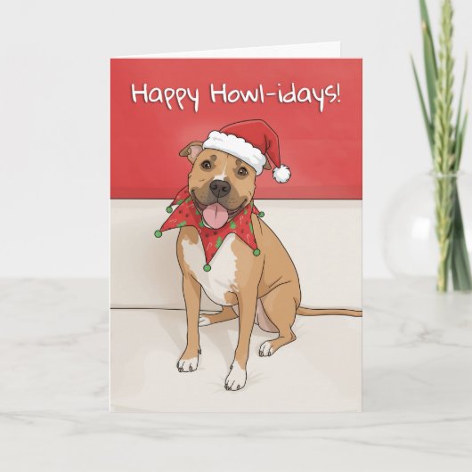 Cartes Pour Fêtes Annuelles Happy Holidays Pit Bull Dog Drawing in Santa Hat (Devant)