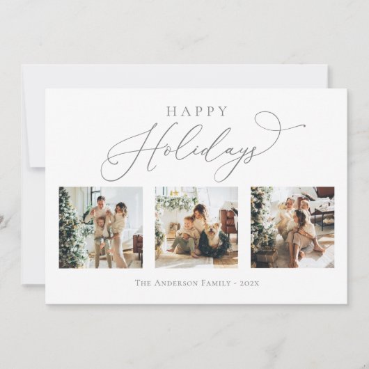 Cartes Pour Fêtes Annuelles Happy Holidays Script Grey 2 Multi Photo Collage (Devant)