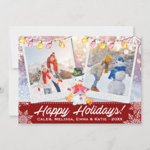 Cartes Pour Fêtes Annuelles Happy Holidays Snowman 2-Photo Collage   Blanc rou