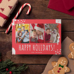 Cartes Pour Fêtes Annuelles Happy Holidays Three Photo Family Christmas<br><div class="desc">Red Happy Holidays three photo family Christmas card for sharing your wishes with family and friends this holiday season. Customize with three photos and your family name.</div>
