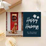 Cartes Pour Fêtes Annuelles Happy Howlidays Blue Calligraphy Pet Photo<br><div class="desc">Bonne Howlidays Blue Gold Calligraphy Pet Photo Holiday Card. Envoyez des voeux de vacances personnalisables et personnalisés à vos amis, collègues et famille dans des cartes de style simple, chic, élégant et moderne design photo festif, naturel minimaliste! Ci-dessous la calligraphie présente votre message de voeux personnalisé dans la typographie moderne....</div>