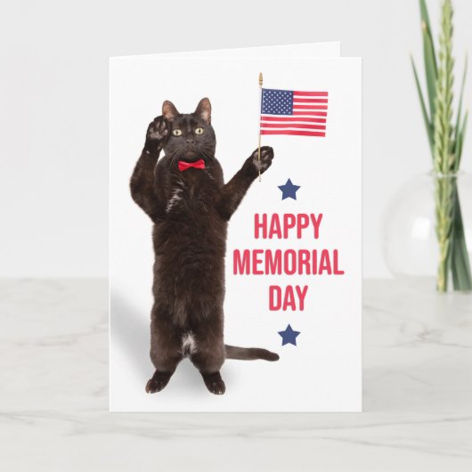 Cartes Pour Fêtes Annuelles Happy Memorial Day Cat With Flag Saluting  (Devant)