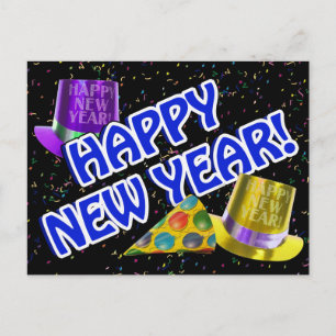 Cartes Pour Fêtes Annuelles HAPPY NEW YEAR! Blue Text w/Party Hats