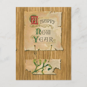 Cartes Pour Fêtes Annuelles Happy New Year parchment & mistletoe on Faux bois