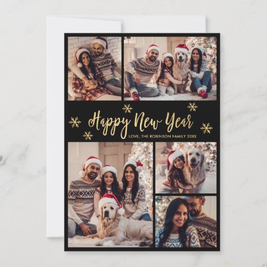 Cartes Pour Fêtes Annuelles Happy New Year Snowflake Black Gold Photo Collage  (Devant)
