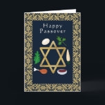 Cartes Pour Fêtes Annuelles Happy Pesach Seder plaque étoile de David<br><div class="desc">Bleu et or "Happy Passover "carte de voeux avec plaque Seder et l'étoile de David.Vous pouvez customiser le salut sur le devant et le message à l'intérieur de la carte.</div>