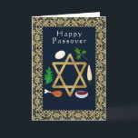 Cartes Pour Fêtes Annuelles Happy Pesach Seder plaque étoile de David<br><div class="desc">Bleu et or "Happy Passover "carte de voeux avec plaque Seder et l'étoile de David.Vous pouvez customiser le salut sur le devant et le message à l'intérieur de la carte.</div>