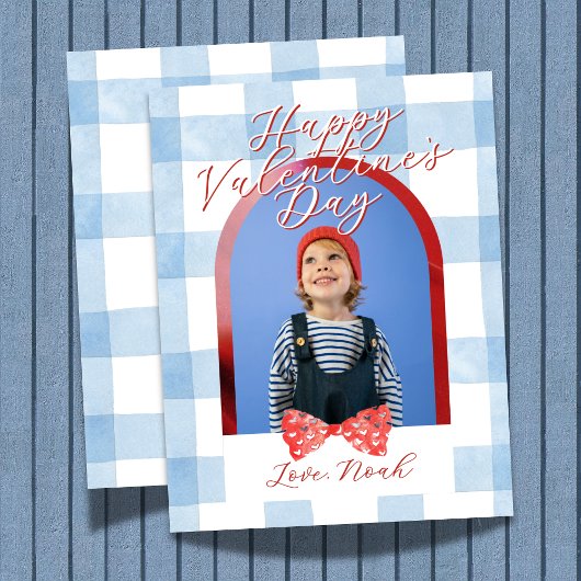 Cartes Pour Fêtes Annuelles Happy Valentine's Day Arch Photo Blue Gingham Card