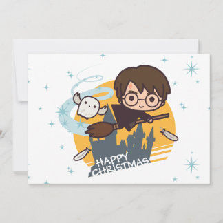 Cartes Pour Fêtes Annuelles Harry et Hedwig volant au-dessus de Hogwarts Noël