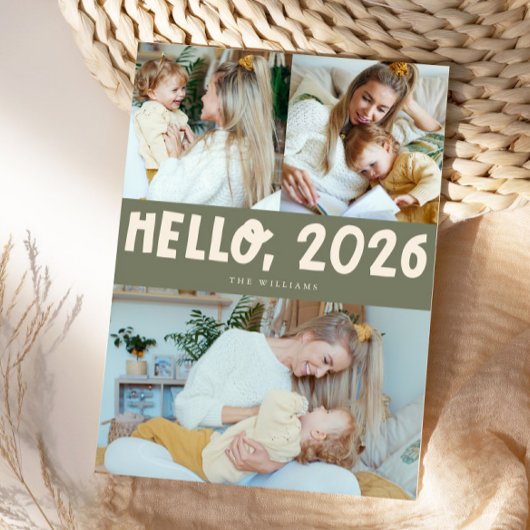 Cartes Pour Fêtes Annuelles Hello 2026 Typography Sage Green Photo