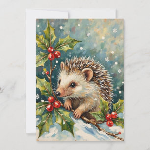 Cartes Pour Fêtes Annuelles Hérisson Vintage Parmi les Feuilles de Houx de Noë