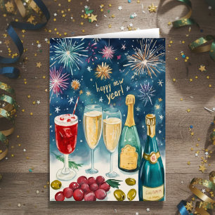 Cartes Pour Fêtes Annuelles HEUREUSE NOUVELLE ANNÉE Aquarelle Bubbly Fireworks