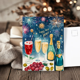 Cartes Pour Fêtes Annuelles HEUREUSE NOUVELLE ANNÉE Aquarelle Bubbly Fireworks