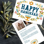 Cartes Pour Fêtes Annuelles HEUREUX HANOUKKA Floral Wreath Menorah photos pers<br><div class="desc">Texte dessiné à la main et flûtes par moi pour vous. Cliquez sur "personnaliser" pour modifier et ajouter votre propre texte et photos à l'arrière de la carte postale ou modifier les couleurs arrière - plans. Tout est personnalisable. Pour plus de designs et de couleurs, consultez ma boutique ! Ou...</div>
